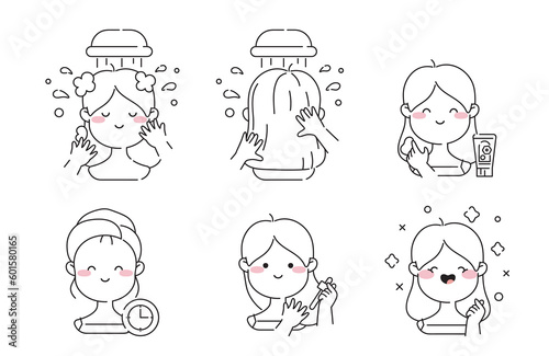 Hair Care Routine Icon Set. Outline Icons Set Illustrating a Young Woman's Steps for Washing, Conditioning, Serum Application, and Enjoying Healthy Hair