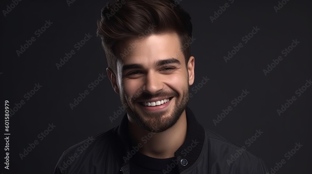 Fototapeta premium Close up portrait of a smiling young man on a gray background.Generative Ai
