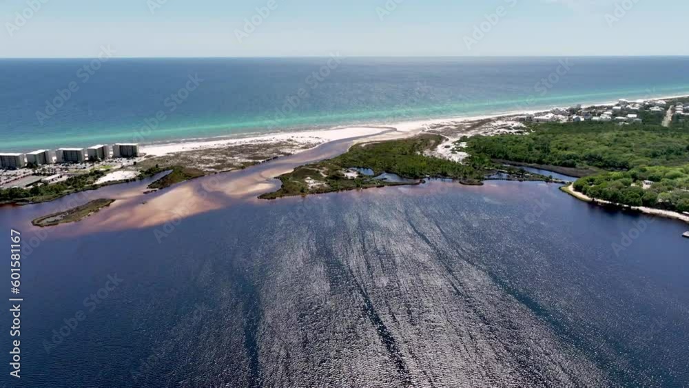 Camp Helen area of Florida, Camp Powell outfall empties into the Gulf of Mexico aerial captured in 5k Camp Helen area of Florida, Camp Powell outfall empties into the Gulf of Mexico aerial captured in 5k