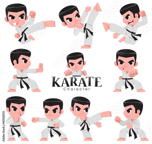 A set of cartoon-style karate character illustrations featuring various martial arts poses.