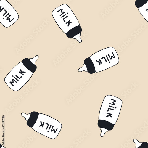 Milk bottle seamless pattern cute smile. Hand drawn childish cartoon doodle kawaii dessert character. Childrens vector illustration in a simple naive style.