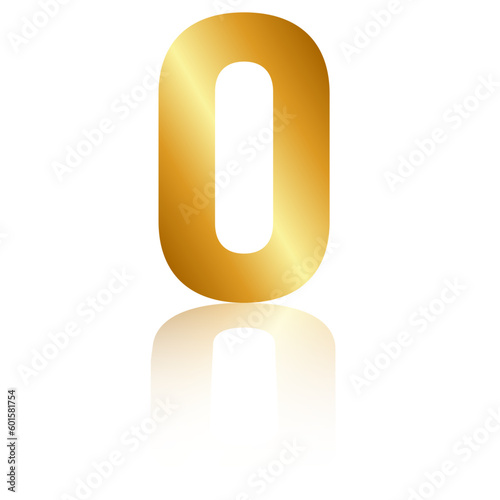 Number zero from golden ribbon with mirror shadow
