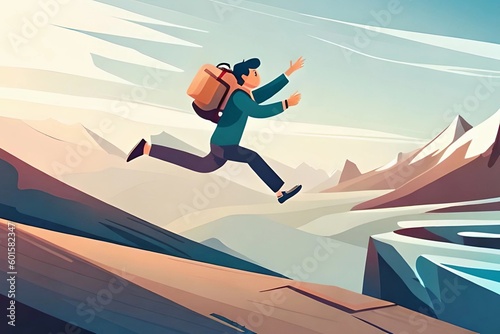 Man running down the hill with both hands outstretched in front. An illustration symbolizing excitement, pursuit of dreams, thrill, and determination © Arman