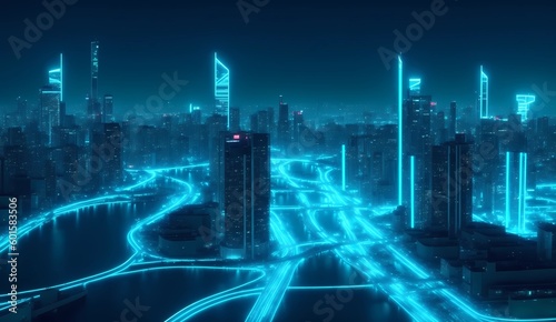 City landscape with cyan blue neon lights on roads from Generative AI
