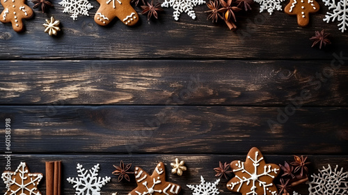 Christmas decoration lay flat on a wooden background. Created using generative AI tools