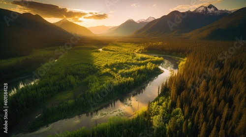 Vast and lush green forest, with a meandering river flowing through it, captured during a vibrant sunset. Generative AI