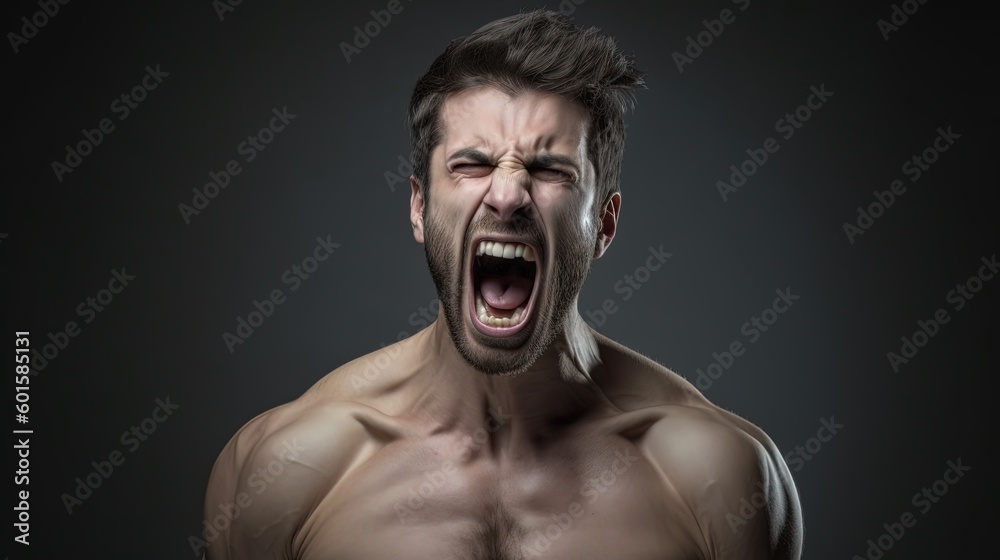 Close-up portrait of a Muscular man shouting on dark background.Generative Ai