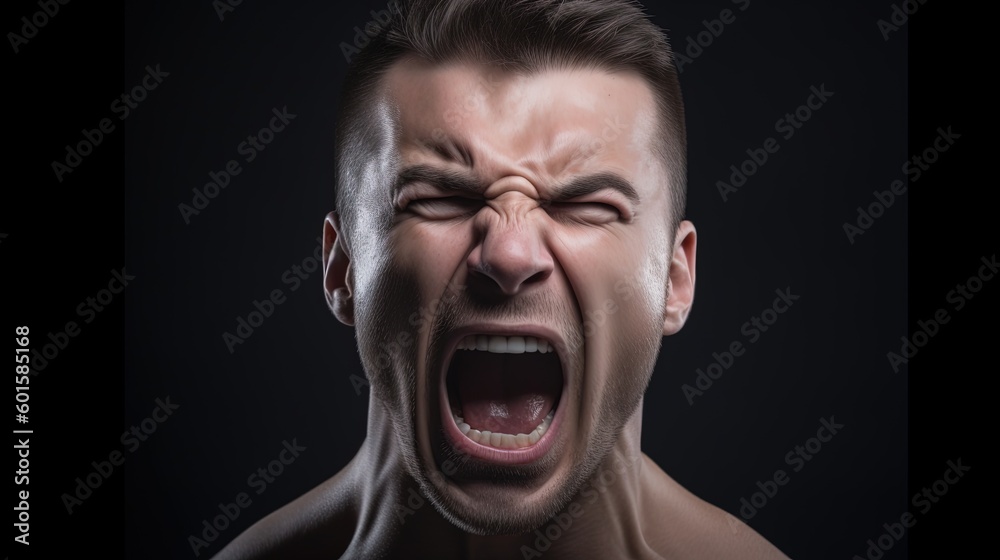 Close-up portrait of a Muscular man shouting on dark background.Generative Ai Close-up portrait of a Muscular man shouting on dark background.Generative Ai
