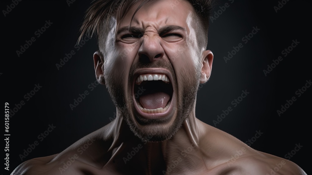 Close-up portrait of a Muscular man shouting on dark background.Generative Ai Close-up portrait of a Muscular man shouting on dark background.Generative Ai