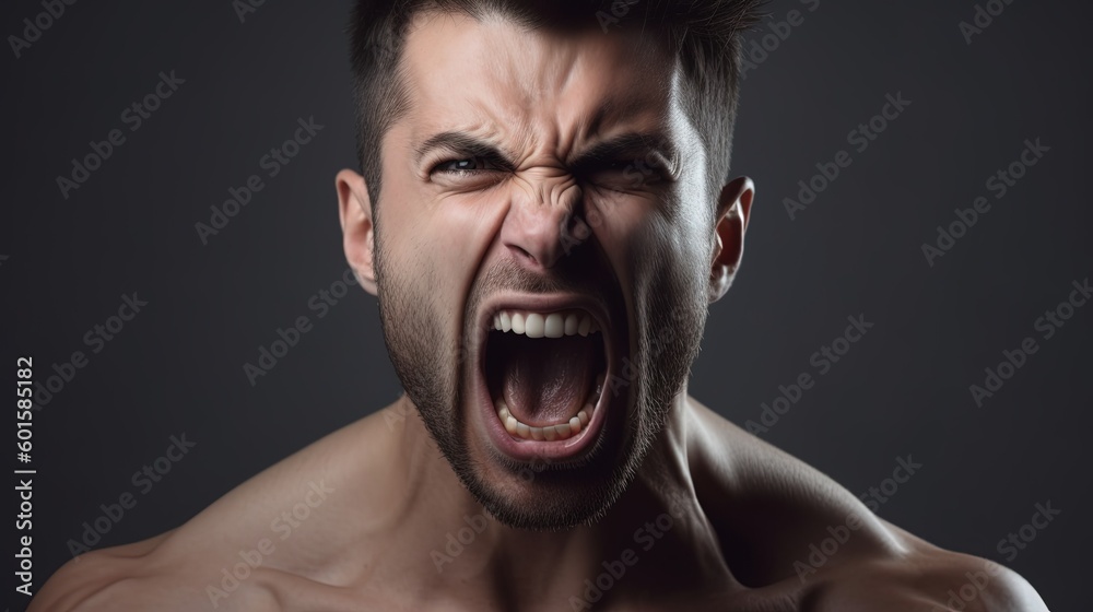 Close-up portrait of a Muscular man shouting on dark background.Generative Ai Close-up portrait of a Muscular man shouting on dark background.Generative Ai