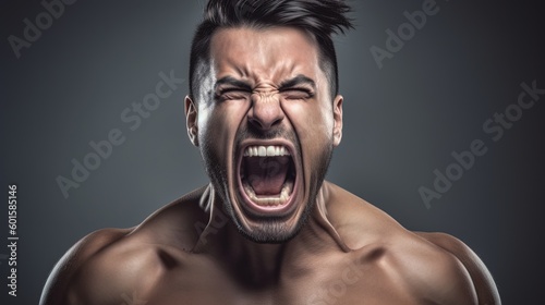 Close-up portrait of a Muscular man shouting on dark background.Generative Ai