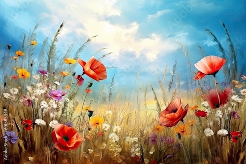 beautiful flowers in a meadow and sunny sky Generative AI © SKIMP Art