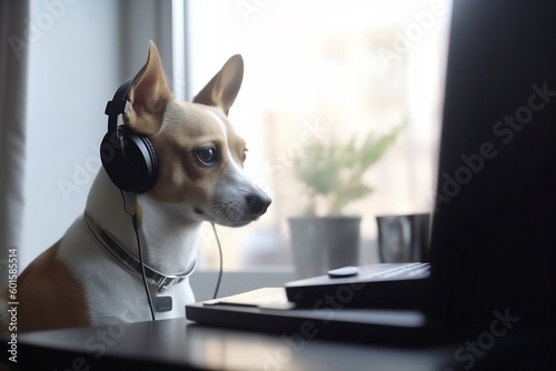 Dog wearing a pair of headphones is looking at a computer screen createrd with Generative AI technology © Oksana