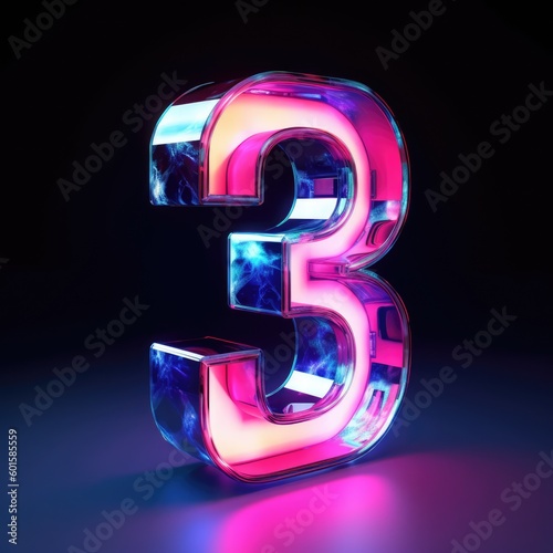 Beautiful stained glass number 3 on glowing background material, countdown numbers, glass texture