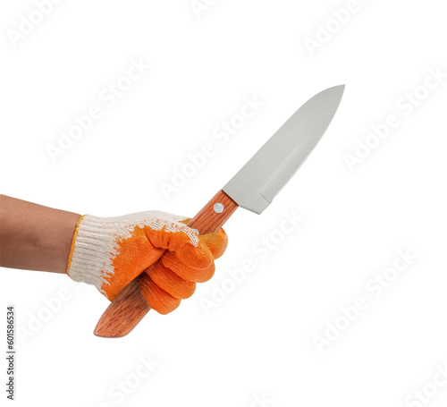 Man Hand wearing Gloves holding knife isolated on white background