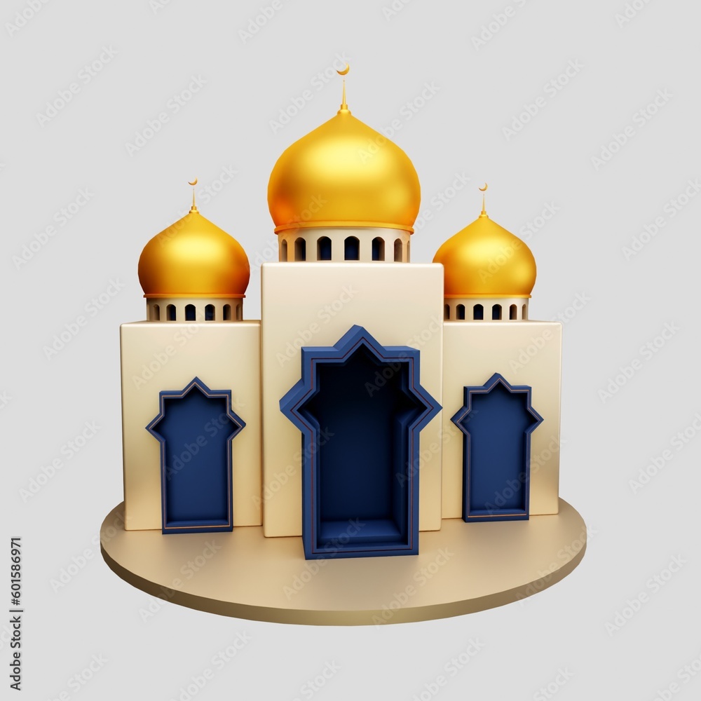 A 3d render mosque with a blue door and gold trim