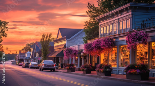 Small town during a stunning sunset. Generative AI © piai