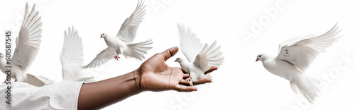 Generative Ai image of dove flying on an isolated background around an arm