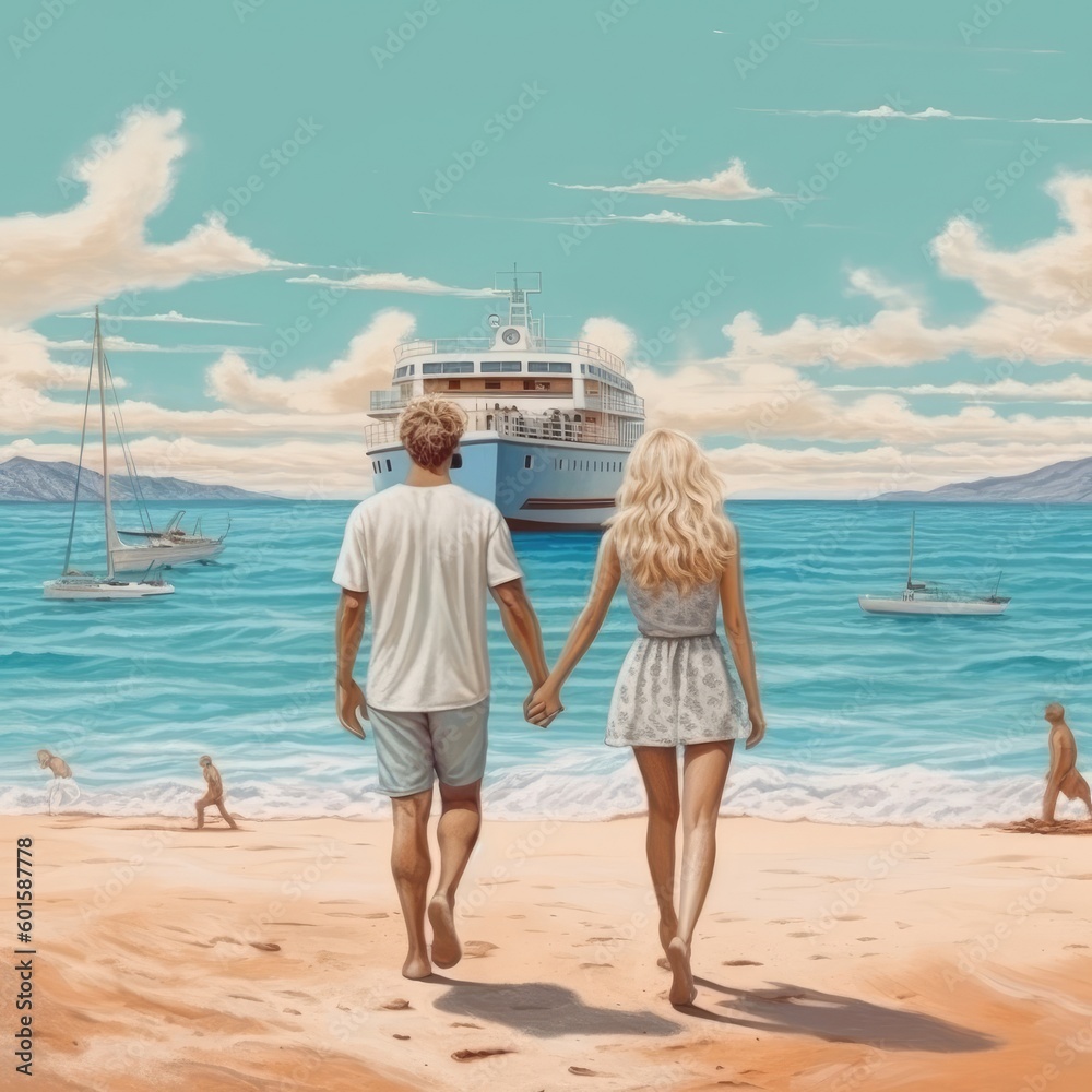 A couple on the beach and their ship