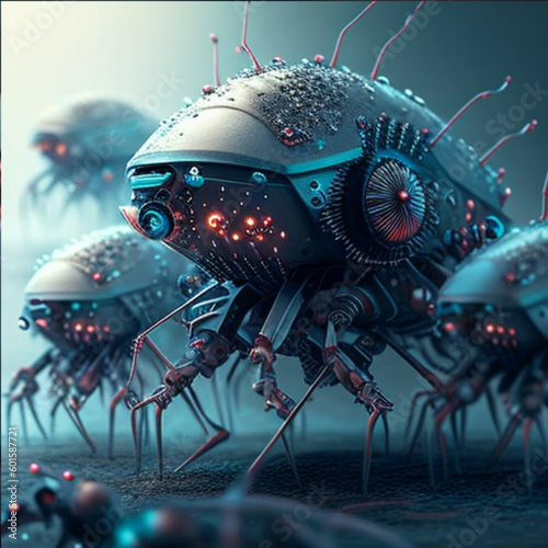 Unseen Forces: Micro Machines Unleashing Nanobot Swarms. AI generative, Midjourney. photo