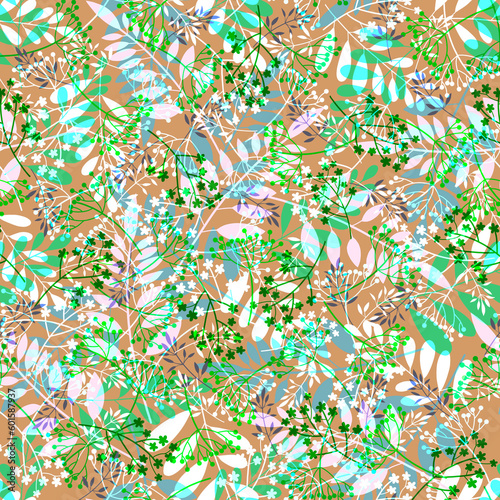 Botanical seamless pattern Delicate pastel wild herbs, grasses and flowers on a beige brown background