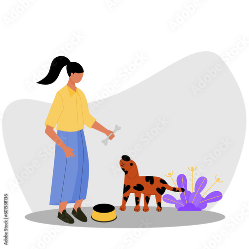 Women feeds dog with bones illustration. Portrait illustration character girl feeding little dog.