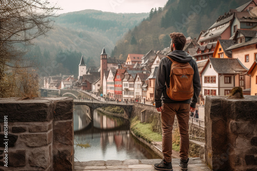 a traveler looks down on an European town 