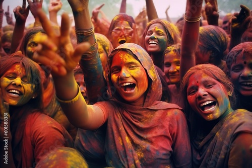 People celebrating Holi festival of colors, India, Generative AI Technology © Sasint