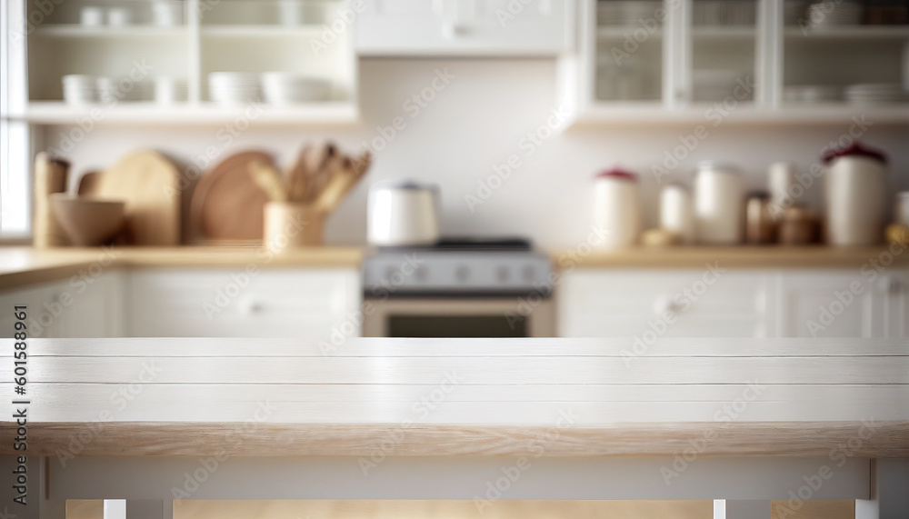 Empty wooden table with kitchen in background Empty wooden table with kitchen in background