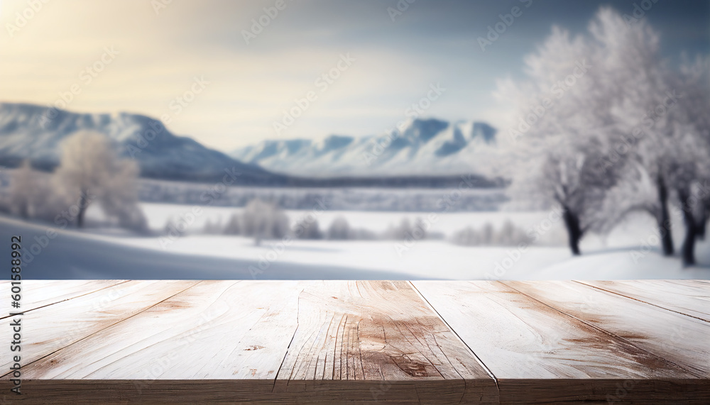 Empty old wooden table with winter background
