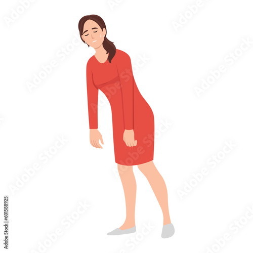 Sleepy Woman Walking at Work. Tired or Haggard Businesswoman Character with Low Battery Charging Level. Overload Employee Working from the Last Forces. Stress, Heavy Job. Flat vector illustration