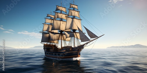 a large sailing ship in the middle of the ocean