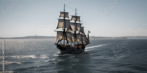 a large sailing ship in the middle of the ocean