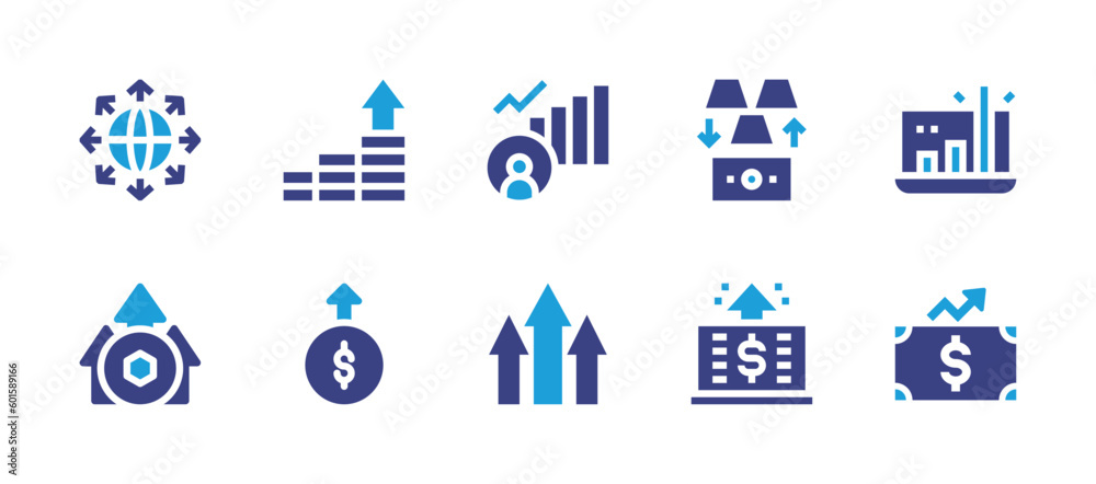 Increase and decrease icon set. Duotone color. Vector illustration. Containing expansion, growth, social growth, gold ingots, profit, investment, revenue, increase, earnings, economic.