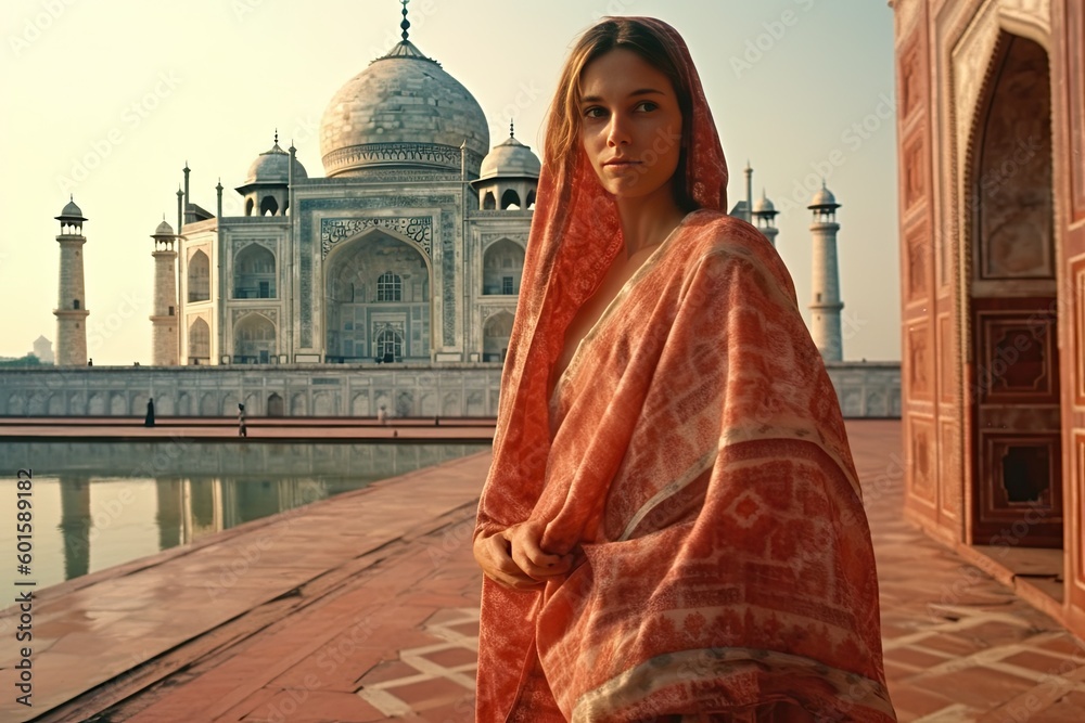 Woman in sari at Taj Mahal, India, Generative AI Technology