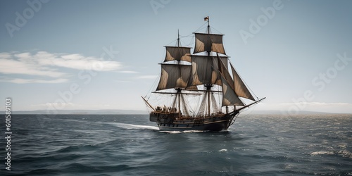 a large sailing ship in the middle of the ocean