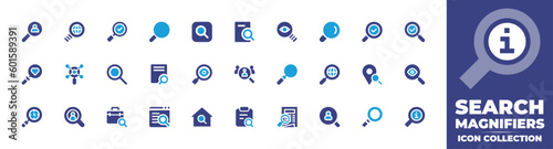Search magnifiers icon collection. Duotone color. Vector and transparent illustration. Containing search, search data, visualization, magnifying glass, searching, search file, eyes, job, and more.