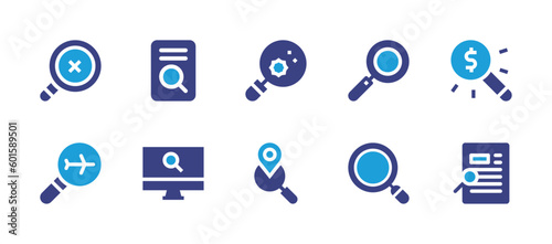 Search magnifiers icon set. Duotone color. Vector illustration. Containing delete, analysis, virus, magnifying glass, flight, search, location.