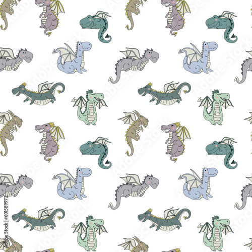 Seamless cartoon Dragon Kingdom pattern. Funny animal characters for kids. Baby print