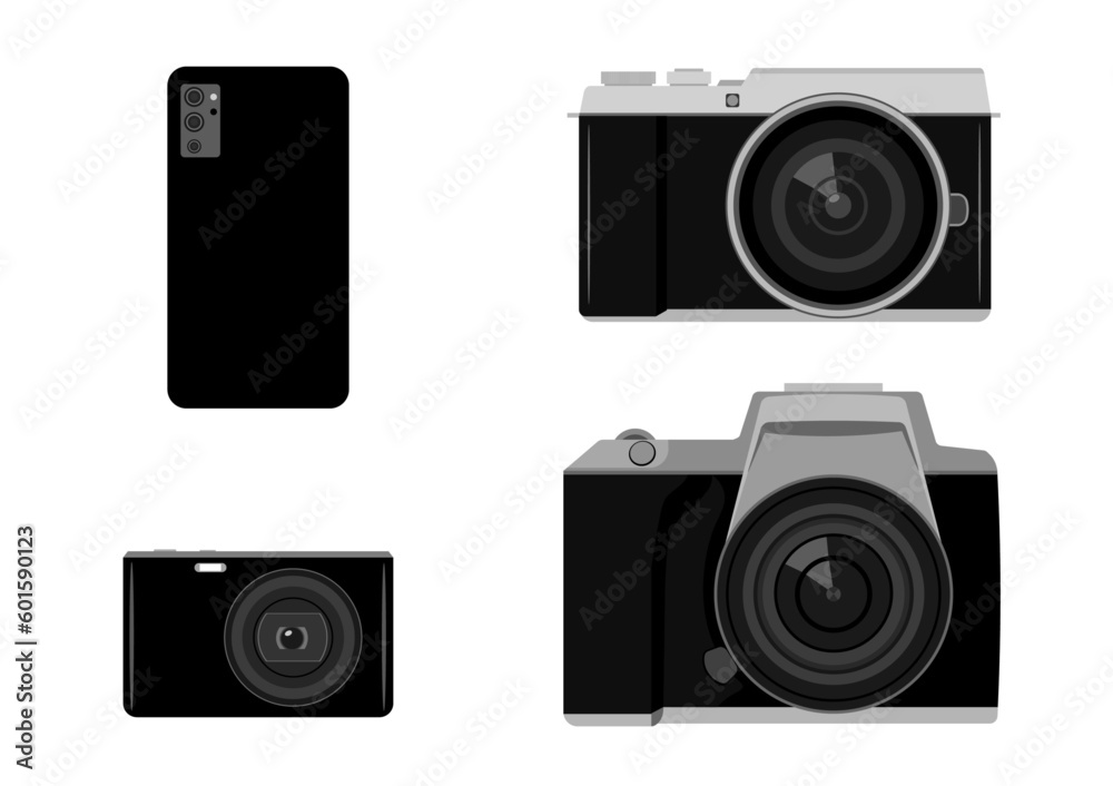 スマートフォンとデジカメとミラーレスカメラと一眼レフカメラのイラストセット