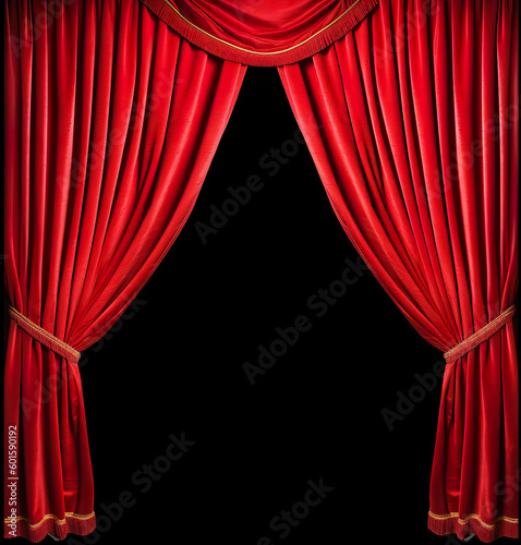 A formal red stage curtain featuring an arched entrance enhances the aesthetic appeal of the theatrical performance.