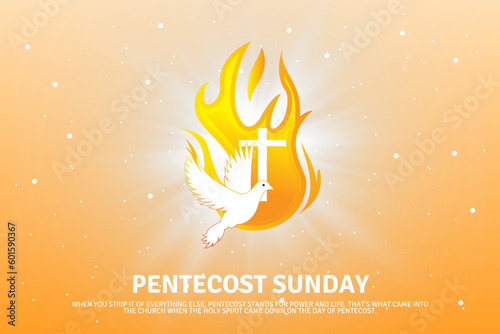 Pentecost sunday banner with dove & cross in flame. Invitation the christian service of pentecost with Holy Spirit and text. Vector illustration