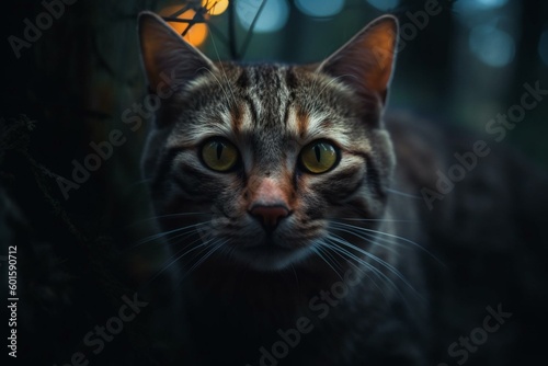 A curious cat finds itself surrounded by glowing eyes in the forest. Generative AI
