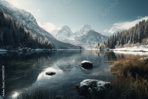 Winter lake and mountains art using technology. Generative AI
