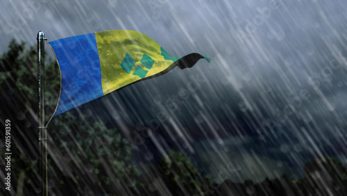 flag of Saint Vincent and the Grenadines with rain and dark clouds, twister forecast symbol - nature 3D illustration