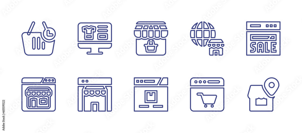 Web store line icon set. Editable stroke. Vector illustration. Containing shopping basket, online store, ecommerce, sale, web, online shop, stores.