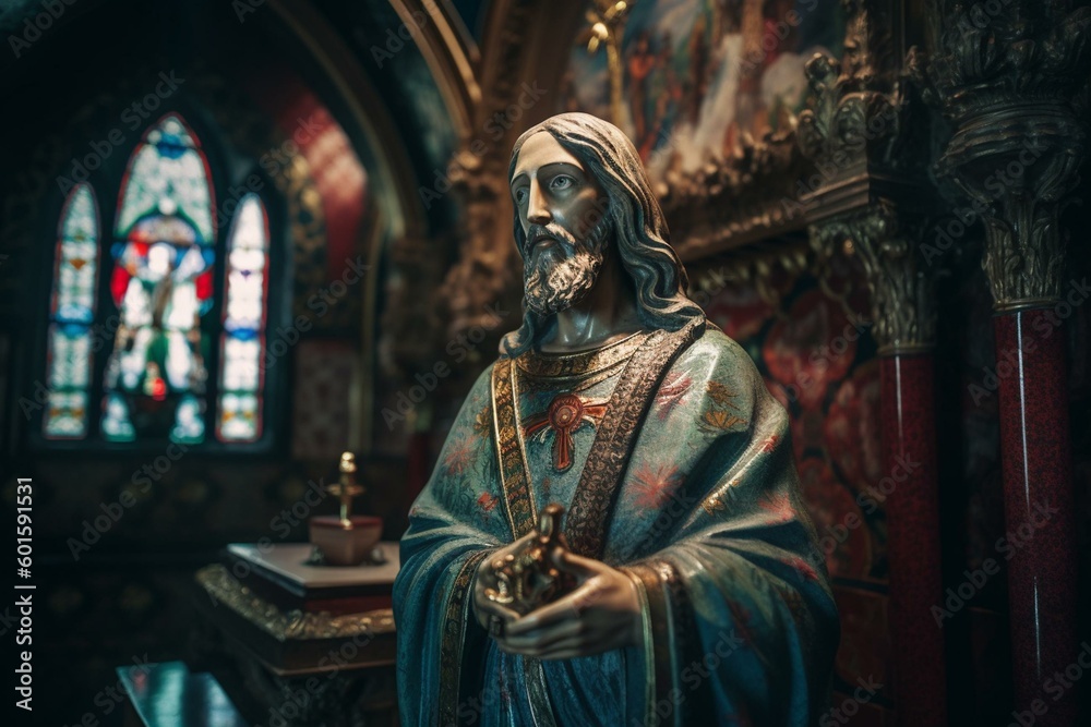 Colorful statue of Jesus from altar inside 19th century church in Bellano, Italy. Generative AI Colorful statue of Jesus from altar inside 19th century church in Bellano, Italy. Generative AI