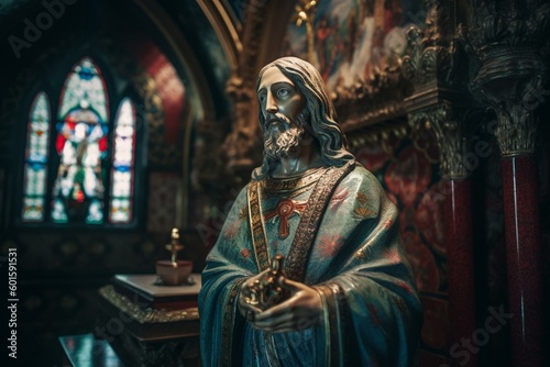 Colorful statue of Jesus from altar inside 19th century church in Bellano, Italy. Generative AI