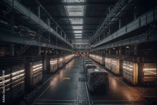 Automated logistics center with refrigeration storage and self-driving carts. Generative AI