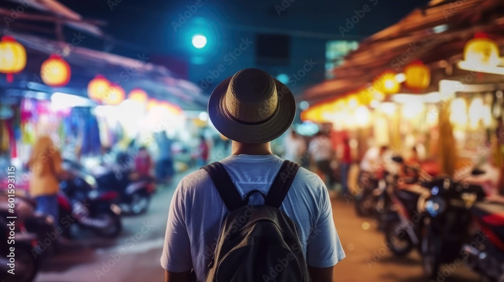 Young man with backpack walking at night market, Generative AI Young man with backpack walking at night market, Generative AI